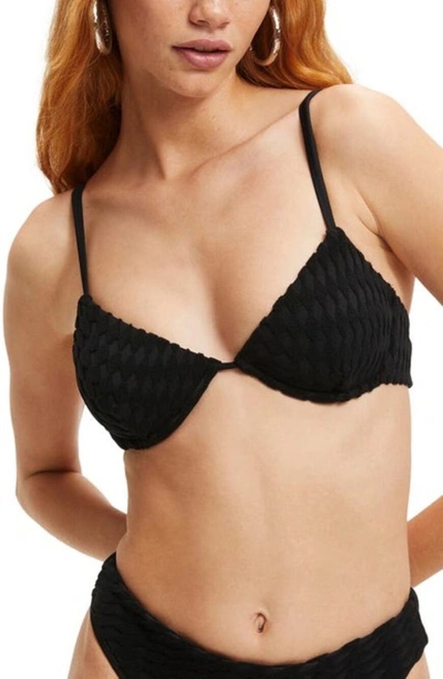 Good American Black Jacquard Wave Check Demi Bra Swim Bikini Top Size 1